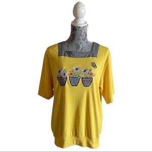 VINTAGE Napa Valley Cottagecore Gingham Trim Yellow Top Size Large